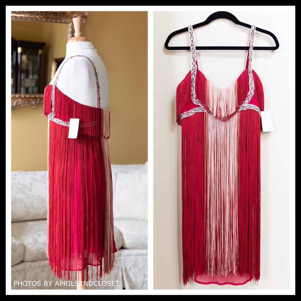 FREE PEOPLE RED FRINGE PARTY COCKTAIL DRESS - Picture 4 of 8